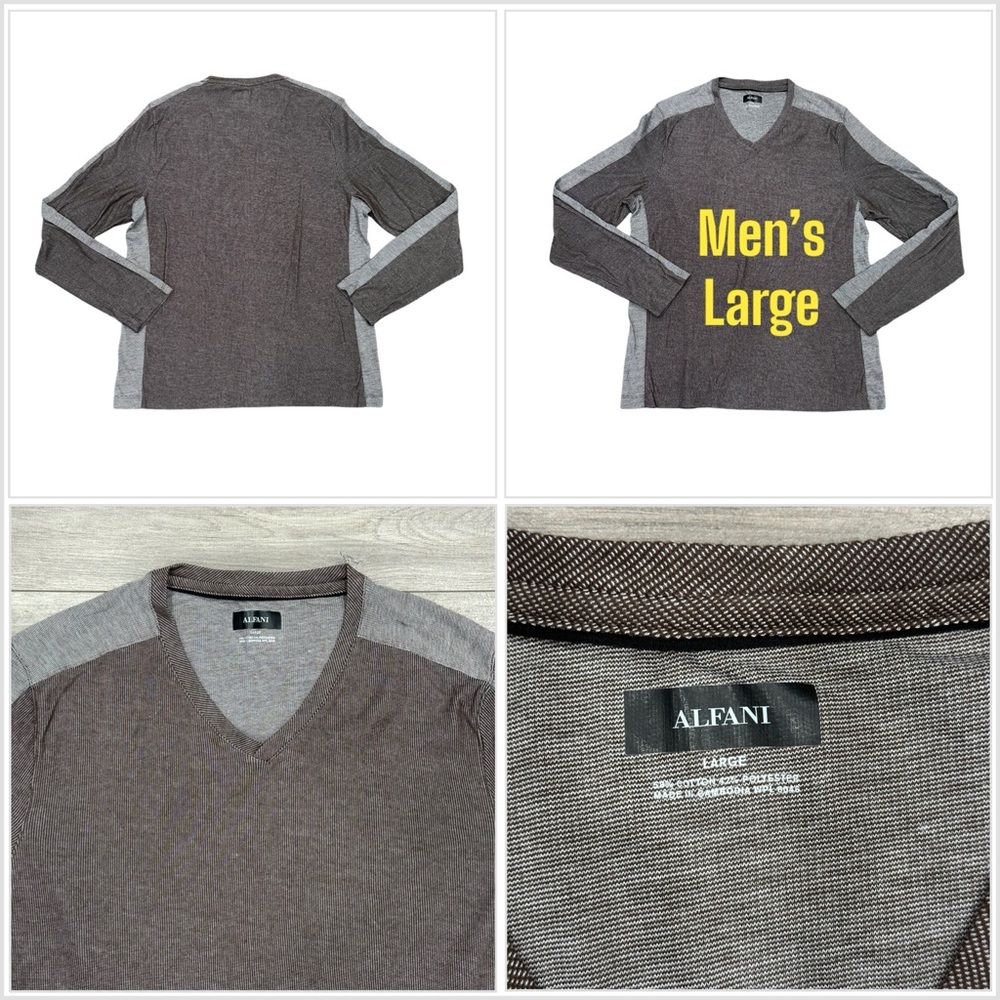 Men's Alfani Large 42 - 44 V-Neck Shirt Brown Beachnut Long Sleeve Textured